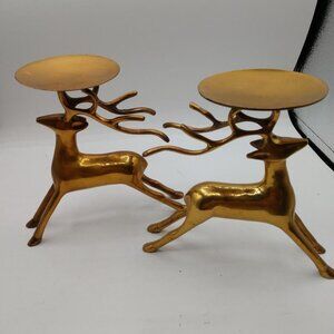 Vintage Brass Reindeer Buck Pillar Heavy Candle Holder